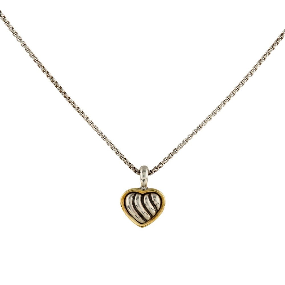 David Yurman Sterling Silver 18K Gold Cable Heart Pendant w Necklace Authentic